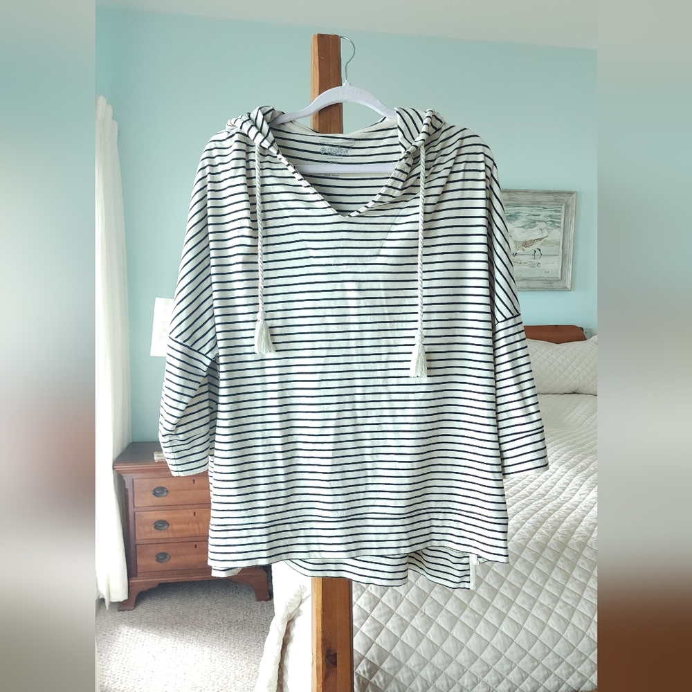 Coolibar Beach Hoodie | 2X | UPF 50+ | 3/4 sleeve | black & white | striped